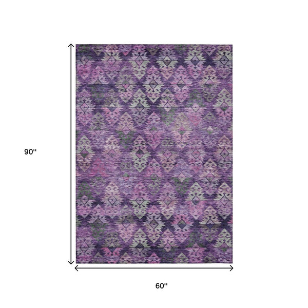 HomeRoots 5' Stylish Aztec Area Rug in Eggplant, Plum, and Lavender - Durable & Washable for Indoor/Outdoor Use 5' X 8' 615777
