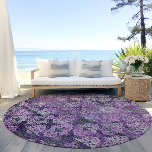 HomeRoots 5' Stylish Aztec Area Rug in Eggplant, Plum, and Lavender - Durable & Washable for Indoor/Outdoor Use 8' Round 615778