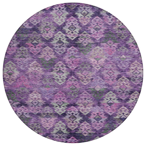 HomeRoots 5' Stylish Aztec Area Rug in Eggplant, Plum, and Lavender - Durable & Washable for Indoor/Outdoor Use 8' Round 615778