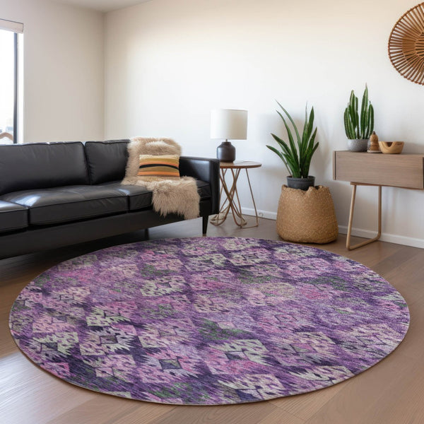HomeRoots 5' Stylish Aztec Area Rug in Eggplant, Plum, and Lavender - Durable & Washable for Indoor/Outdoor Use 8' Round 615778