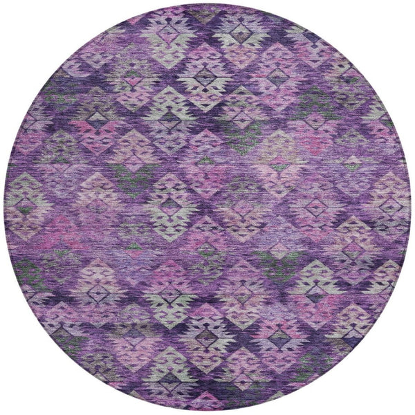 HomeRoots 5' Stylish Aztec Area Rug in Eggplant, Plum, and Lavender - Durable & Washable for Indoor/Outdoor Use 8' Round 615778