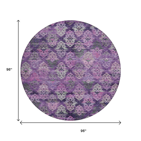 HomeRoots 5' Stylish Aztec Area Rug in Eggplant, Plum, and Lavender - Durable & Washable for Indoor/Outdoor Use 8' Round 615778