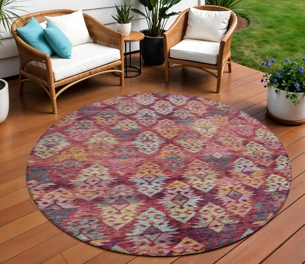 HomeRoots 5' Aztec Indoor Outdoor Area Rug in Rust, Gold, and Blush - Stylish, Durable, and Washable Design 8' Round 615790