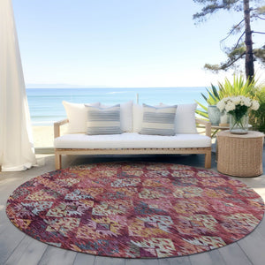 HomeRoots 5' Aztec Indoor Outdoor Area Rug in Rust, Gold, and Blush - Stylish, Durable, and Washable Design 8' Round 615790