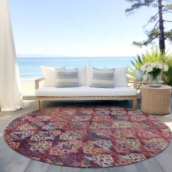 HomeRoots 5' Aztec Indoor Outdoor Area Rug in Rust, Gold, and Blush - Stylish, Durable, and Washable Design 8' Round 615790