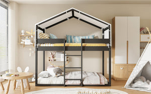 English Elm Twin Over Kids Bunk Bed with Tent Canopy Farmhouse Pinewood Playroom Frame Espresso N708P248523P