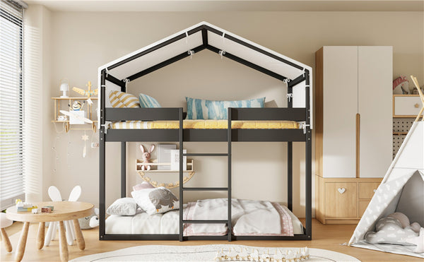 English Elm Twin Over Kids Bunk Bed with Tent Canopy Farmhouse Pinewood Playroom Frame Espresso N708P248523P