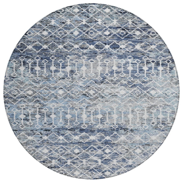 HomeRoots 5' Stylish Blue and Silver Argyle Area Rug - Durable, Washable, Indoor/Outdoor Versatile Design 8' Round 615802