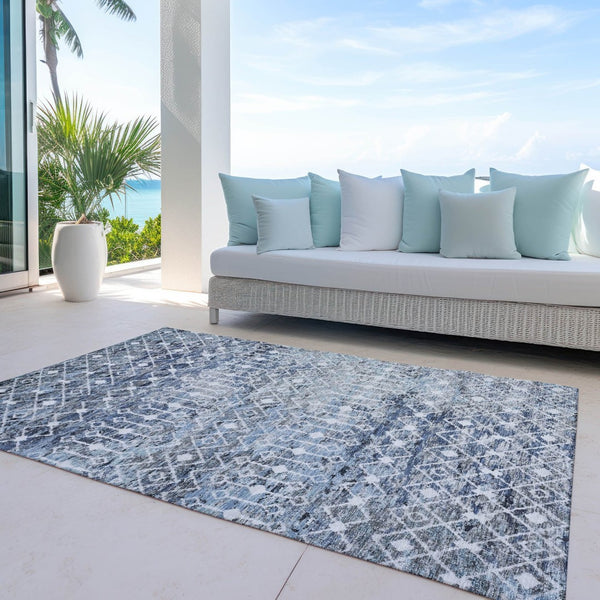 HomeRoots 5' Stylish Blue and Silver Argyle Area Rug - Durable, Washable, Indoor/Outdoor Versatile Design 9' X 12' 615804