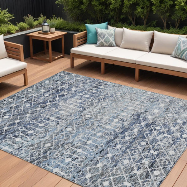 HomeRoots 5' Stylish Blue and Silver Argyle Area Rug - Durable, Washable, Indoor/Outdoor Versatile Design 10' X 14' 615805
