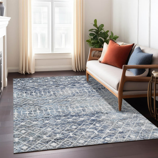 HomeRoots 5' Stylish Blue and Silver Argyle Area Rug - Durable, Washable, Indoor/Outdoor Versatile Design 10' X 14' 615805