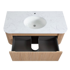 English Elm Arcora Floating Wall Vanity with Carrara Marble Top Ceramic Sink and Soft Close Drawer W3235S00009