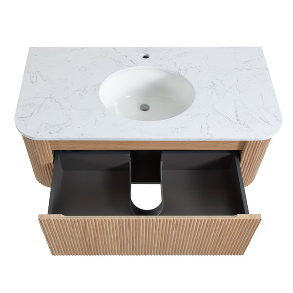English Elm Arcora Floating Wall Vanity with Carrara Marble Top Ceramic Sink and Soft Close Drawer W3235S00009