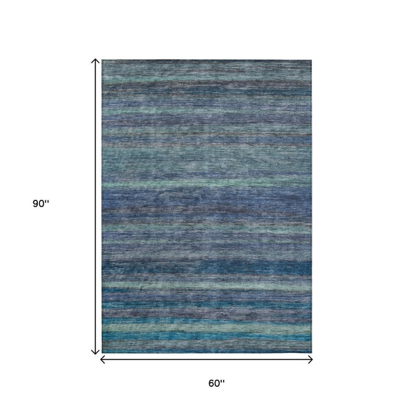 HomeRoots 5' Blue and Gray Striped Washable Area Rug - Durable, Stain-Resistant for Indoor and Outdoor Use 5' X 8' 615837