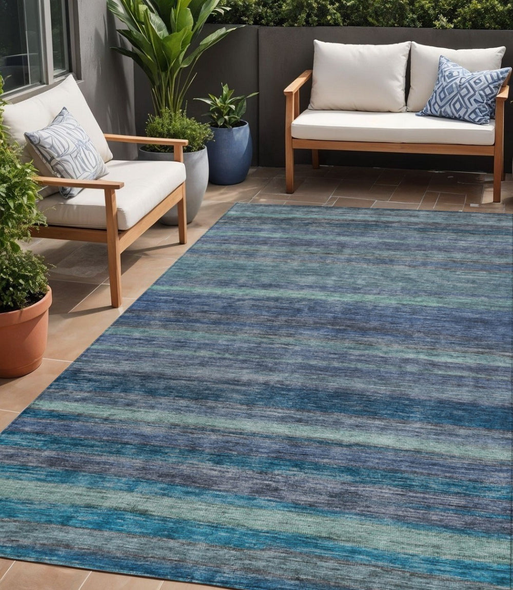 HomeRoots 5' Blue and Gray Striped Washable Area Rug - Durable, Stain-Resistant for Indoor and Outdoor Use 5' X 8' 615837