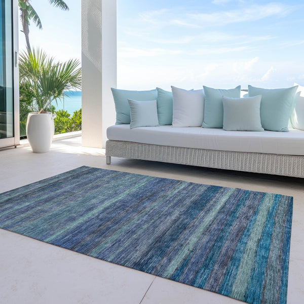 HomeRoots 5' Blue and Gray Striped Washable Area Rug - Durable, Stain-Resistant for Indoor and Outdoor Use 5' X 8' 615837