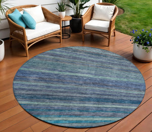 HomeRoots 5' Blue and Gray Striped Washable Area Rug - Durable, Stain-Resistant for Indoor and Outdoor Use 8' Round 615838