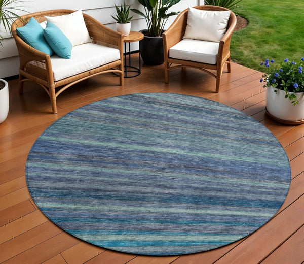 HomeRoots 5' Blue and Gray Striped Washable Area Rug - Durable, Stain-Resistant for Indoor and Outdoor Use 8' Round 615838