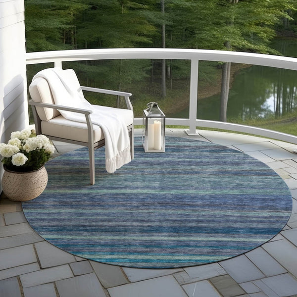 HomeRoots 5' Blue and Gray Striped Washable Area Rug - Durable, Stain-Resistant for Indoor and Outdoor Use 8' Round 615838
