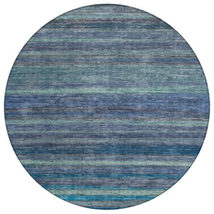 HomeRoots 5' Blue and Gray Striped Washable Area Rug - Durable, Stain-Resistant for Indoor and Outdoor Use 8' Round 615838
