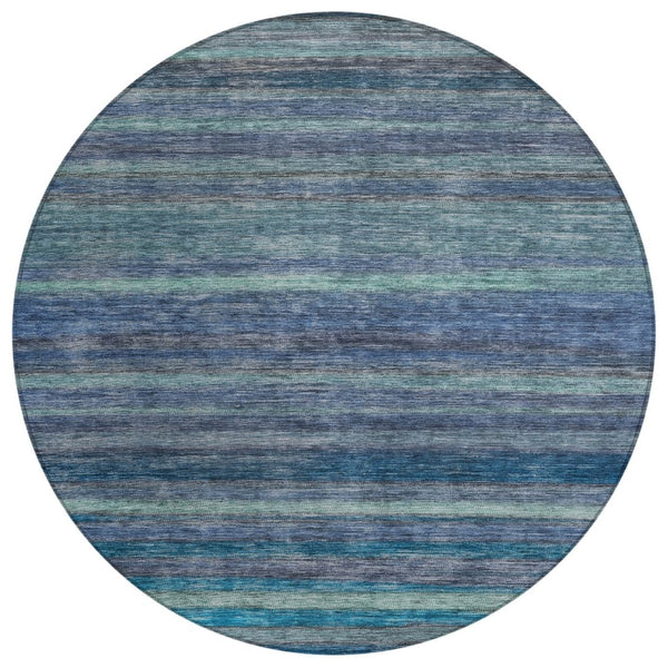 HomeRoots 5' Blue and Gray Striped Washable Area Rug - Durable, Stain-Resistant for Indoor and Outdoor Use 8' Round 615838