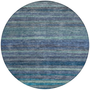 HomeRoots 5' Blue and Gray Striped Washable Area Rug - Durable, Stain-Resistant for Indoor and Outdoor Use 8' Round 615838