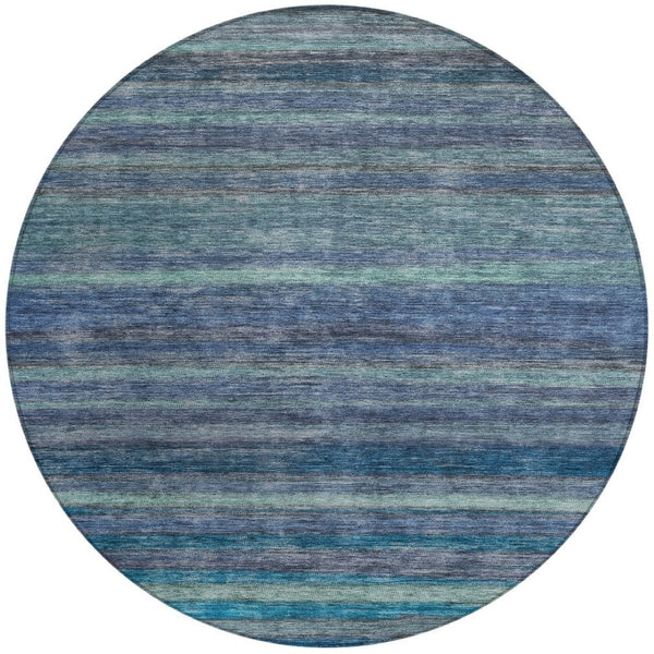 HomeRoots 5' Blue and Gray Striped Washable Area Rug - Durable, Stain-Resistant for Indoor and Outdoor Use 8' Round 615838