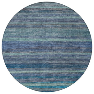 HomeRoots 5' Blue and Gray Striped Washable Area Rug - Durable, Stain-Resistant for Indoor and Outdoor Use 8' Round 615838