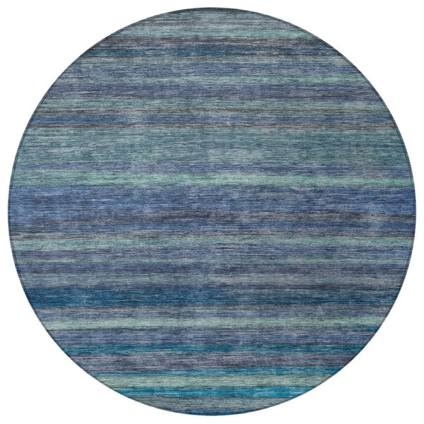 HomeRoots 5' Blue and Gray Striped Washable Area Rug - Durable, Stain-Resistant for Indoor and Outdoor Use 8' Round 615838