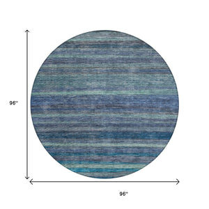 HomeRoots 5' Blue and Gray Striped Washable Area Rug - Durable, Stain-Resistant for Indoor and Outdoor Use 8' Round 615838