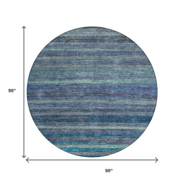 HomeRoots 5' Blue and Gray Striped Washable Area Rug - Durable, Stain-Resistant for Indoor and Outdoor Use 8' Round 615838
