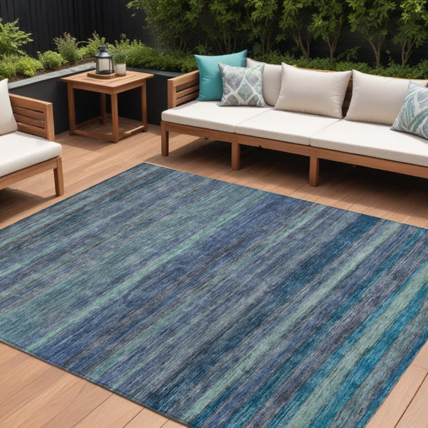 HomeRoots 5' Blue and Gray Striped Washable Area Rug - Durable, Stain-Resistant for Indoor and Outdoor Use 8' X 10' 615839