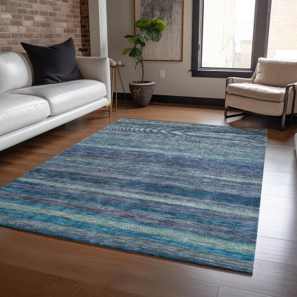 HomeRoots 5' Blue and Gray Striped Washable Area Rug - Durable, Stain-Resistant for Indoor and Outdoor Use 8' X 10' 615839