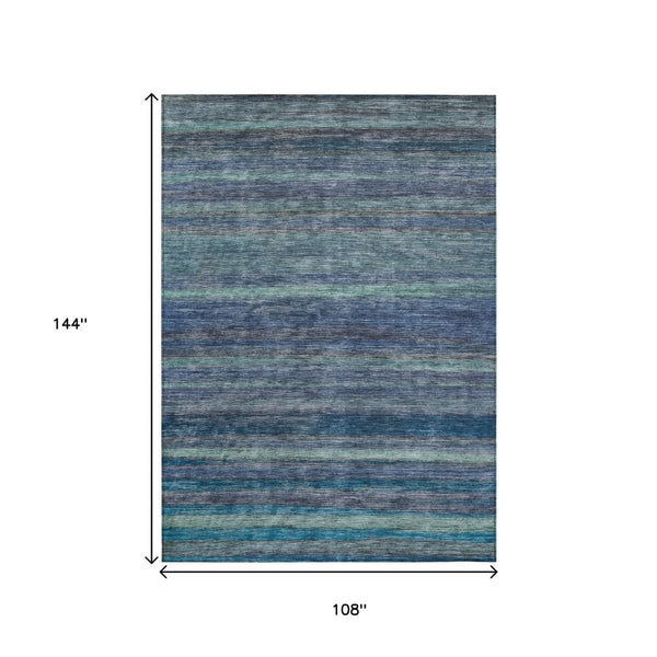 HomeRoots 5' Blue and Gray Striped Washable Area Rug - Durable, Stain-Resistant for Indoor and Outdoor Use 9' X 12' 615840