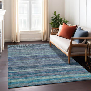 HomeRoots 5' Blue and Gray Striped Washable Area Rug - Durable, Stain-Resistant for Indoor and Outdoor Use 10' X 14' 615841