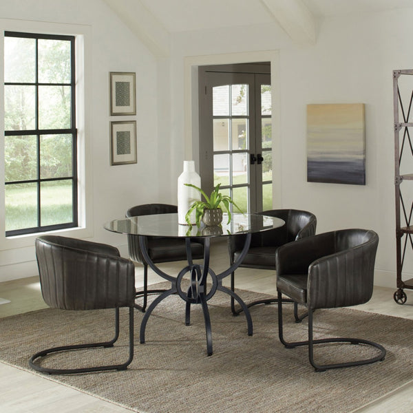 English Elm Marina Round Glass Top Dining Table with Sculptural Gunmetal Base Seats Four B062S01809