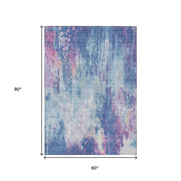 HomeRoots 5' Blue Peach Abstract Washable Area Rug - Stylish Indoor/Outdoor Design for High-Traffic Spaces 5' X 8' 615855