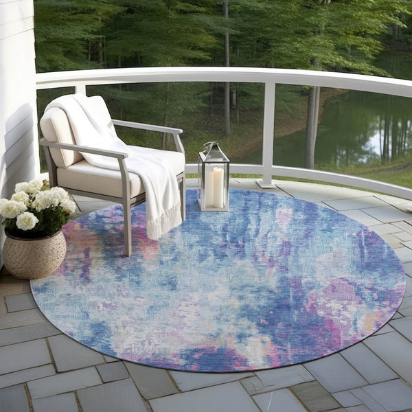 HomeRoots 5' Blue Peach Abstract Washable Area Rug - Stylish Indoor/Outdoor Design for High-Traffic Spaces 8' Round 615856