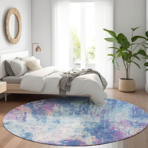 HomeRoots 5' Blue Peach Abstract Washable Area Rug - Stylish Indoor/Outdoor Design for High-Traffic Spaces 8' Round 615856