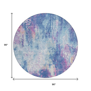 HomeRoots 5' Blue Peach Abstract Washable Area Rug - Stylish Indoor/Outdoor Design for High-Traffic Spaces 8' Round 615856