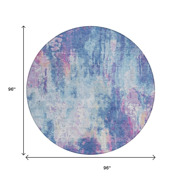 HomeRoots 5' Blue Peach Abstract Washable Area Rug - Stylish Indoor/Outdoor Design for High-Traffic Spaces 8' Round 615856