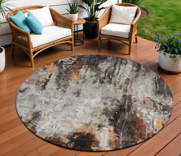 HomeRoots 5' Abstract Washable Area Rug in Gray, Rust & Ivory - Durable, Stylish Design for Indoor & Outdoor Spaces 8' Round 615862