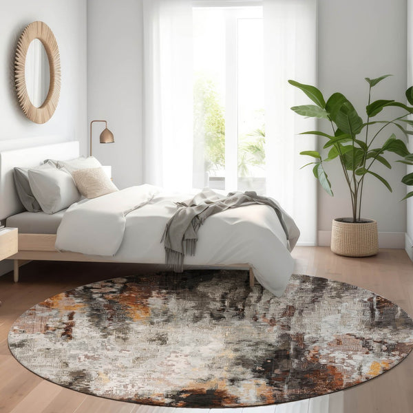 HomeRoots 5' Abstract Washable Area Rug in Gray, Rust & Ivory - Durable, Stylish Design for Indoor & Outdoor Spaces 8' Round 615862