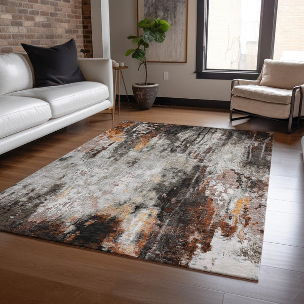 HomeRoots 5' Abstract Washable Area Rug in Gray, Rust & Ivory - Durable, Stylish Design for Indoor & Outdoor Spaces 10' X 14' 615865