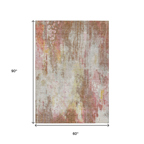 HomeRoots 5' Modern Abstract Tan Mauve Ivory Washable Area Rug for Indoor and Outdoor Use, Easy Care 5' X 8' 615879