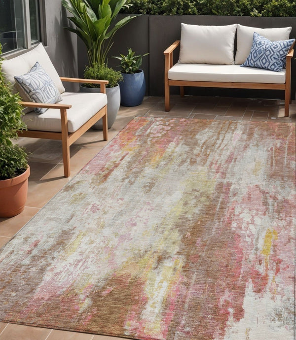 HomeRoots 5' Modern Abstract Tan Mauve Ivory Washable Area Rug for Indoor and Outdoor Use, Easy Care 5' X 8' 615879