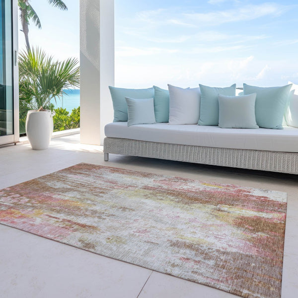 HomeRoots 5' Modern Abstract Tan Mauve Ivory Washable Area Rug for Indoor and Outdoor Use, Easy Care 5' X 8' 615879