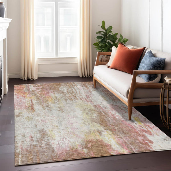 HomeRoots 5' Modern Abstract Tan Mauve Ivory Washable Area Rug for Indoor and Outdoor Use, Easy Care 5' X 8' 615879