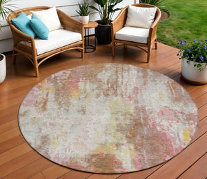 HomeRoots 5' Modern Abstract Tan Mauve Ivory Washable Area Rug for Indoor and Outdoor Use, Easy Care 8' Round 615880