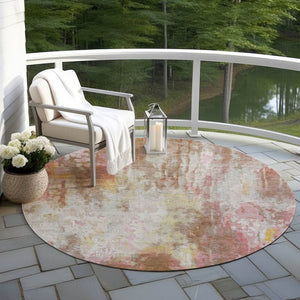 HomeRoots 5' Modern Abstract Tan Mauve Ivory Washable Area Rug for Indoor and Outdoor Use, Easy Care 8' Round 615880